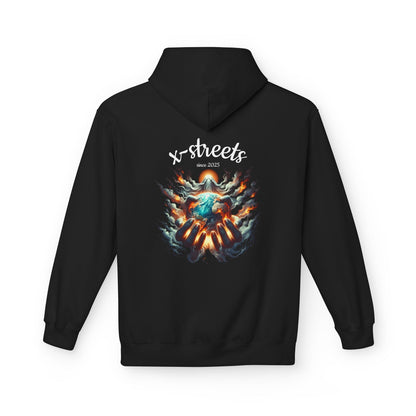 Oversized streetwear hoodie by x-streets with “Gods Flame” design – divine and rebellious back print, organic and recycled materials, EU-made.