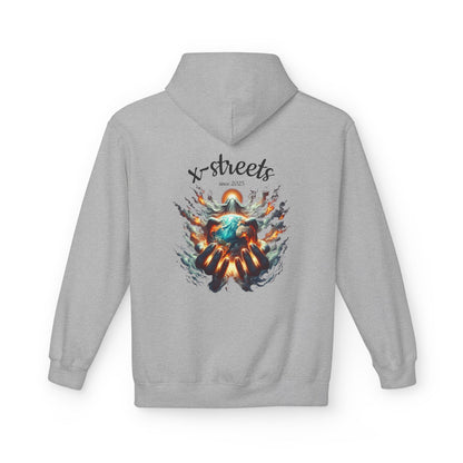 Oversized streetwear hoodie by x-streets with “Gods Flame” design – divine and rebellious back print, organic and recycled materials, EU-made.