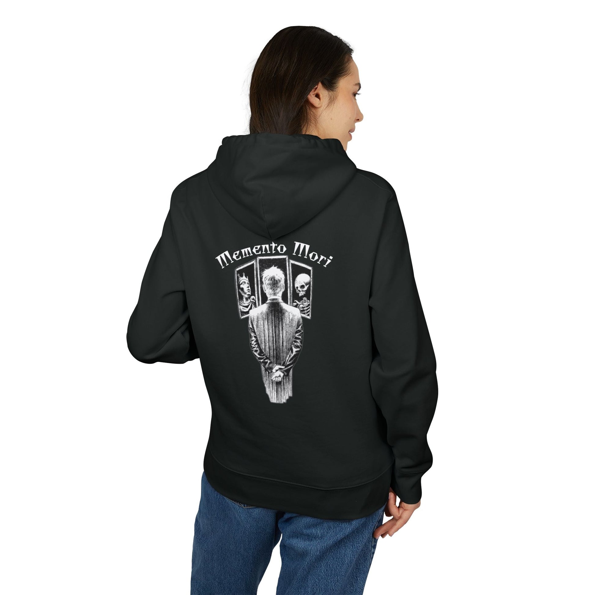 Oversized hoodie by x-streets with “Memento Mori” backprint – minimalist front, heavy quality organic hoodie with timeless symbolism.