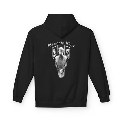 Oversized hoodie by x-streets with “Memento Mori” backprint – minimalist front, heavy quality organic hoodie with timeless symbolism.