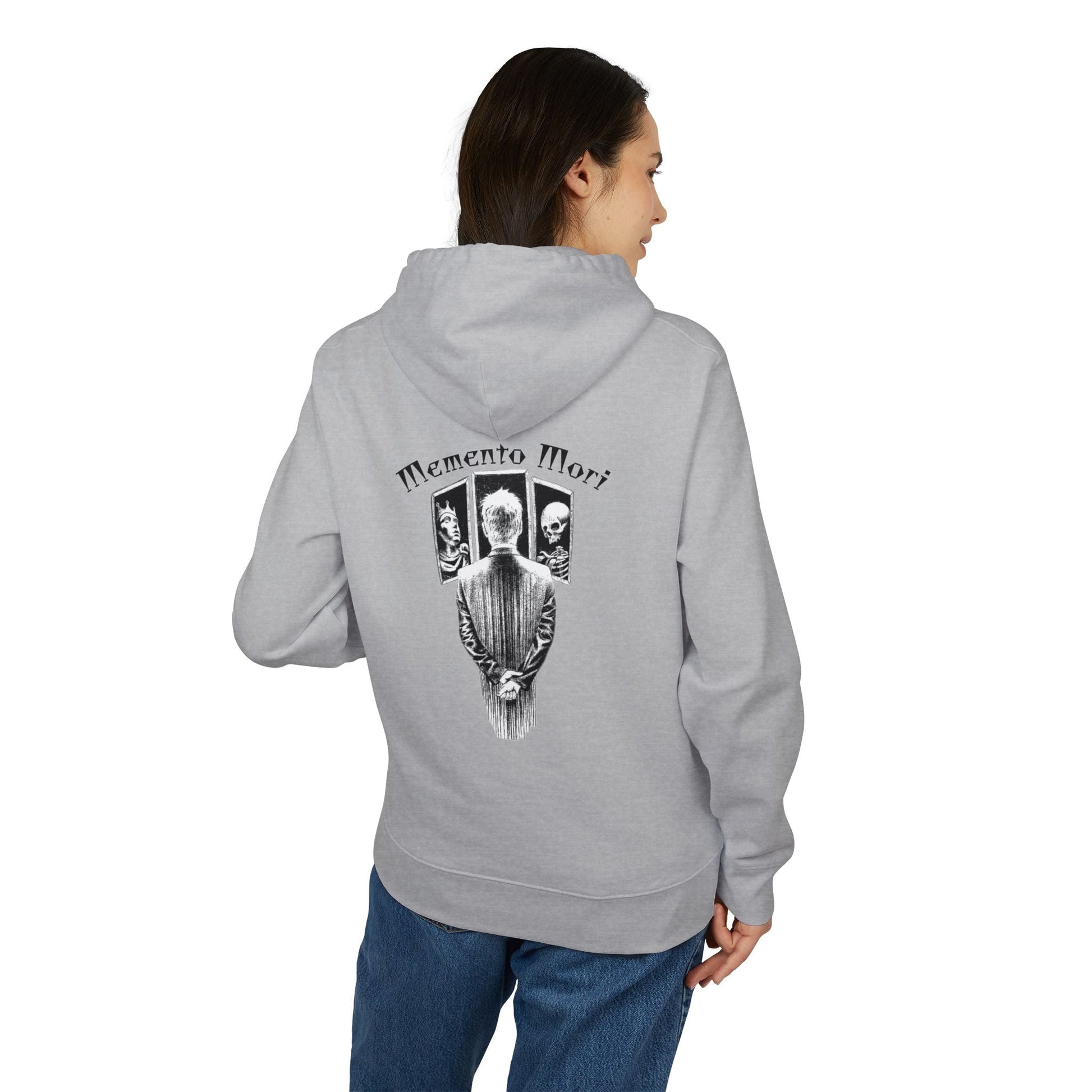 Oversized hoodie by x-streets with “Memento Mori” backprint – minimalist front, heavy quality organic hoodie with timeless symbolism.