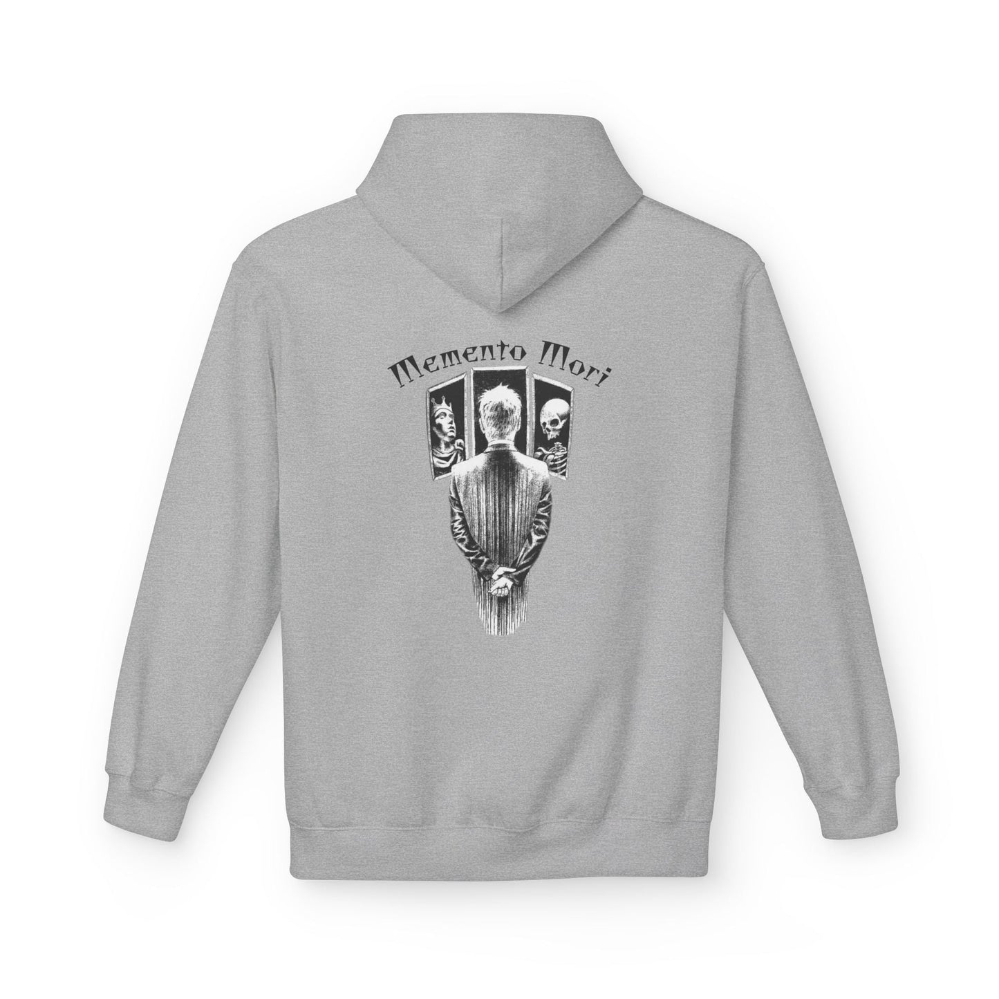 Oversized hoodie by x-streets with “Memento Mori” backprint – minimalist front, heavy quality organic hoodie with timeless symbolism.