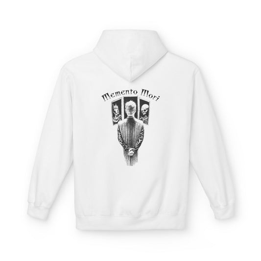 Oversized hoodie by x-streets with “Memento Mori” backprint – minimalist front, heavy quality organic hoodie with timeless symbolism.