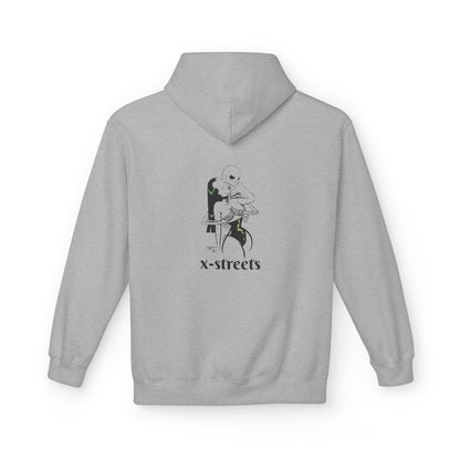 Black oversized hoodie by x-streets with deep symbolic print – bold streetwear made from organic materials, crafted for those who face the void with style.