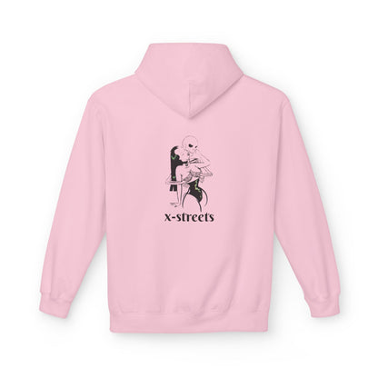 Black oversized hoodie by x-streets with deep symbolic print – bold streetwear made from organic materials, crafted for those who face the void with style.