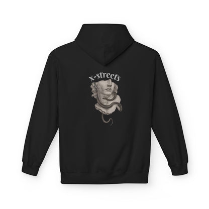 Oversized hoodie by x-streets featuring serpent design – front and back DTG print, symbolizing transformation and inner strength, sustainably made in the EU.