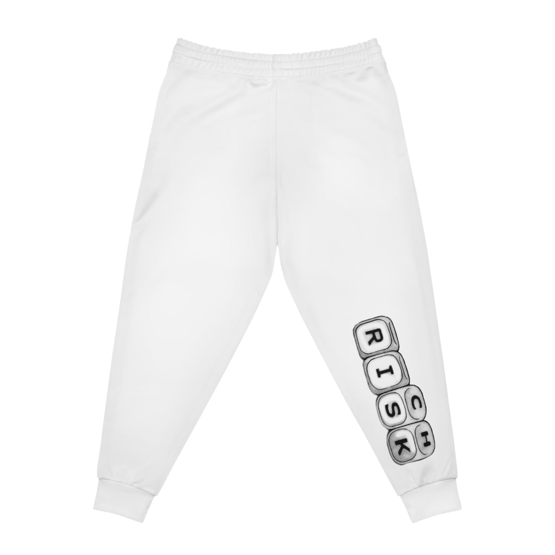 White athletic joggers by x-streets with bold “RISK” leg print – tapered unisex fit, sublimation print, made for fearless streetwear statements.