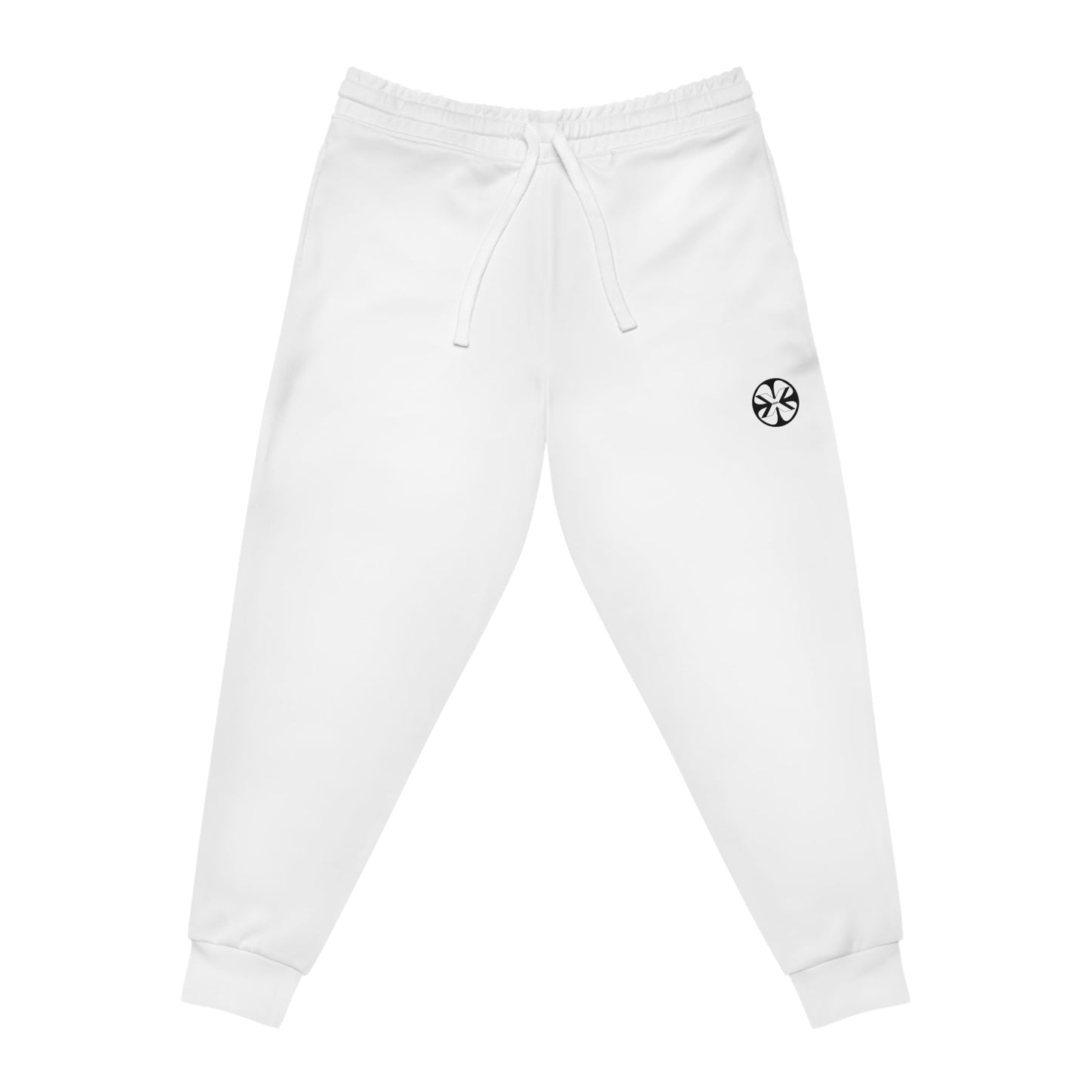 White athletic joggers by x-streets with bold “RISK” leg print – tapered unisex fit, sublimation print, made for fearless streetwear statements.