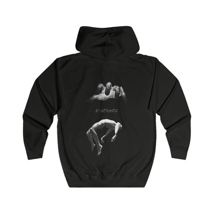Zip hoodie by x-streets with “Soul’s Call” artwork – regular fit, cotton-poly blend, front and back print, made ethically in the EU.