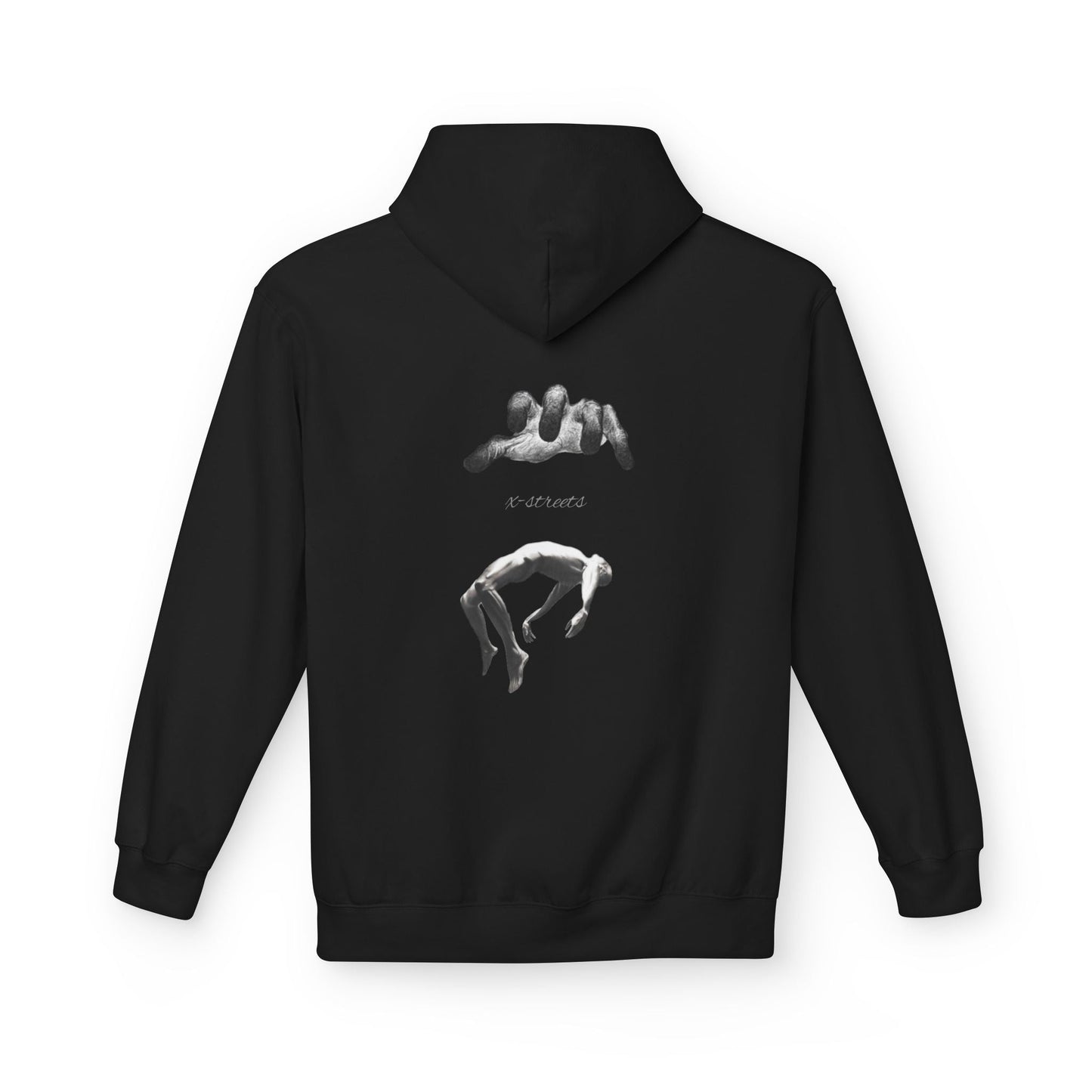 Oversized hoodie by x-streets with “Soul’s Call” print – spiritual design, organic cotton and recycled polyester blend, ethical EU streetwear.