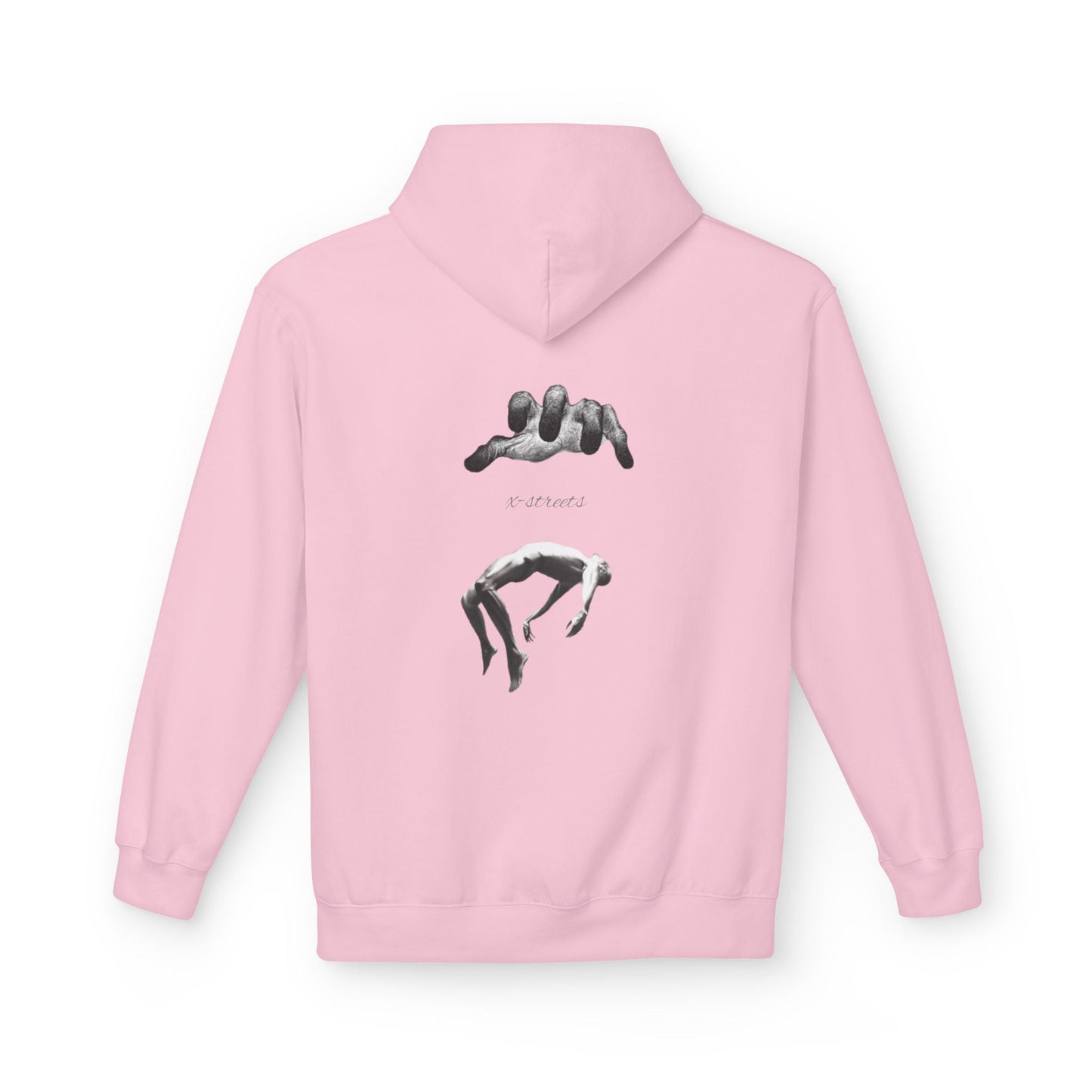 Oversized hoodie by x-streets with “Soul’s Call” print – spiritual design, organic cotton and recycled polyester blend, ethical EU streetwear.