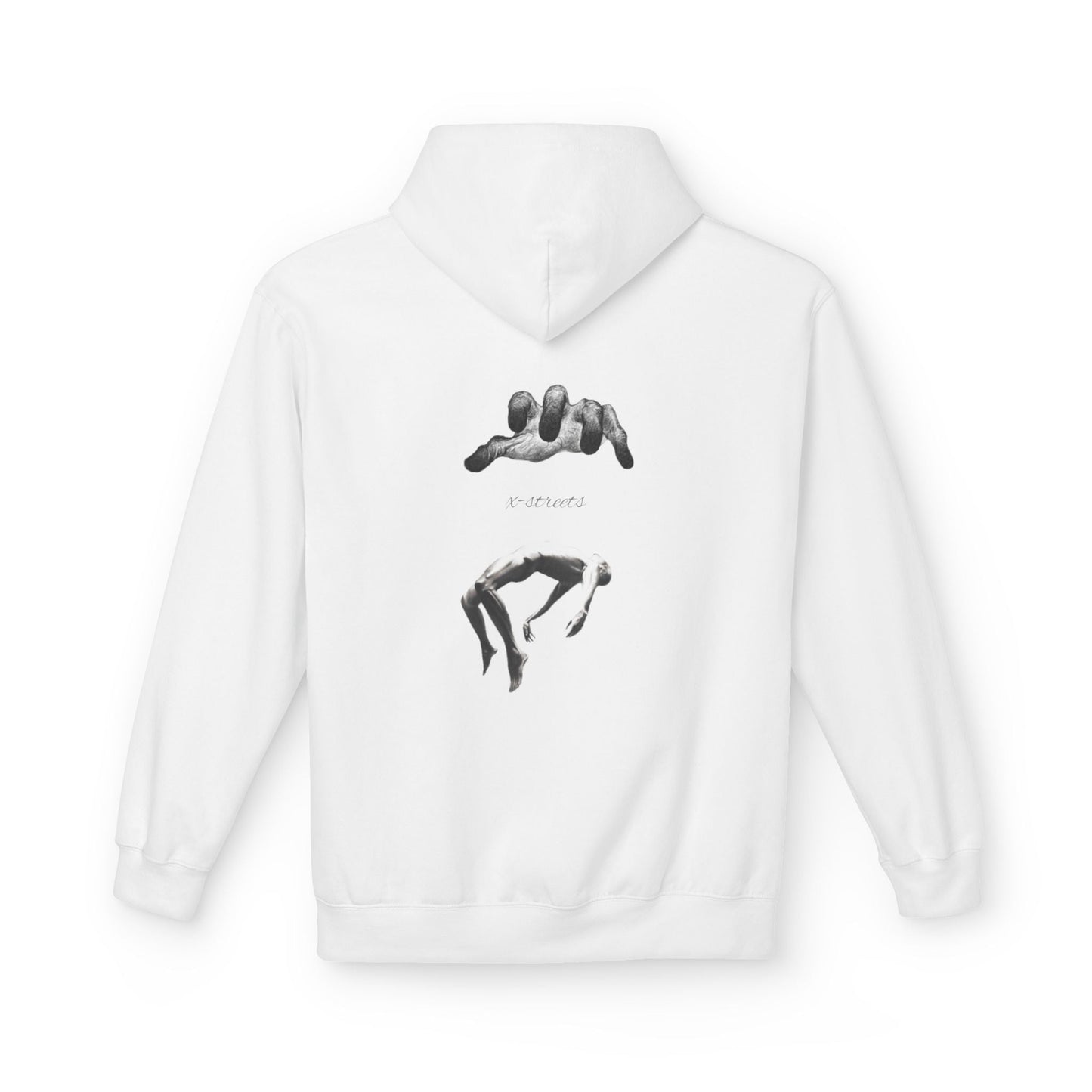 Oversized hoodie by x-streets with “Soul’s Call” print – spiritual design, organic cotton and recycled polyester blend, ethical EU streetwear.