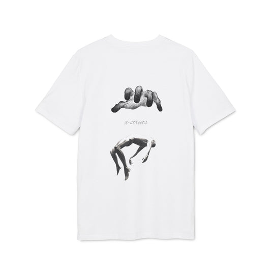 White oversized t-shirt by x-streets with spiritual front and back print – made from 100% organic cotton, bold message, clean streetwear silhouette.