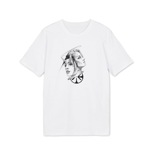 Oversized organic t-shirt by x-streets with “Two Faces” art print – symbolic back design, sustainable cotton, EU-made streetwear.