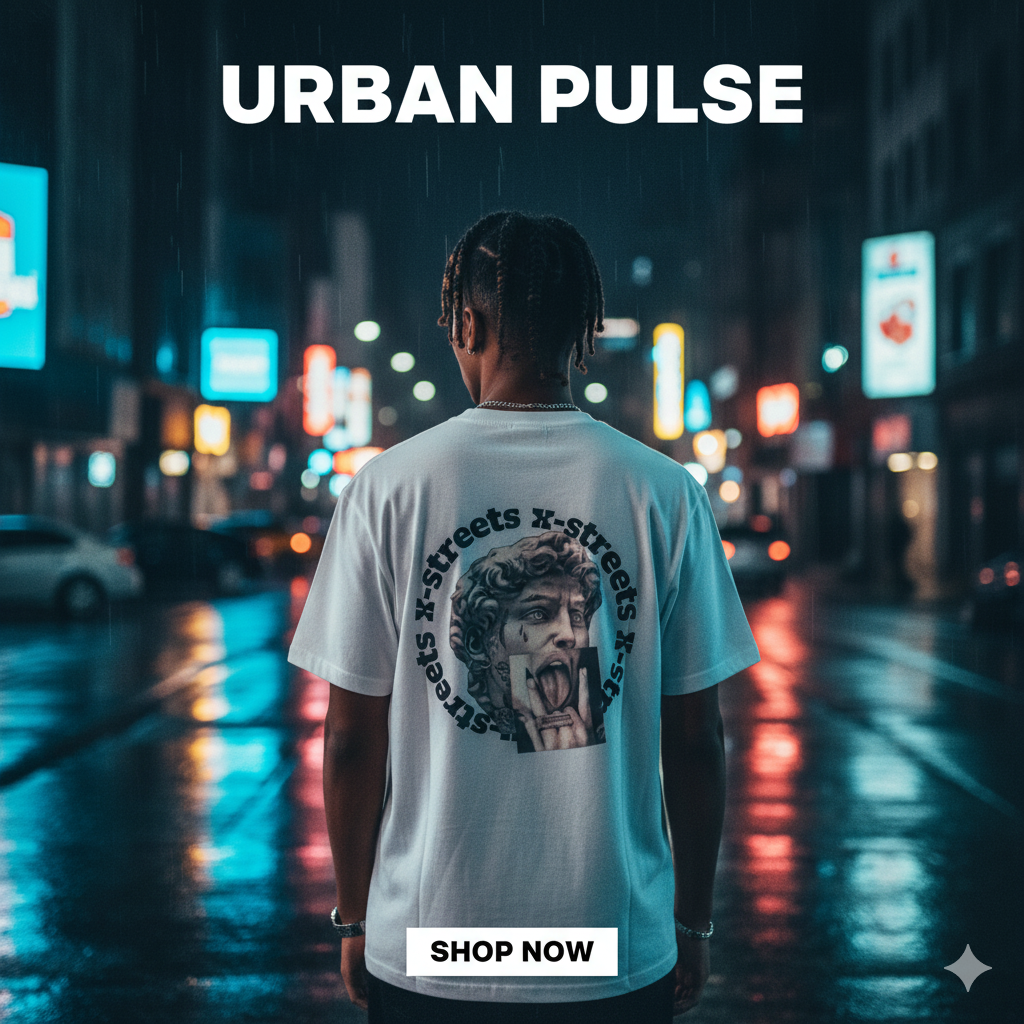 Shop cover featuring a model viewed from behind, wearing a white t-shirt with a backprint. The backprint displays a design inspired by the X-Streets streetwear brand. The focus is on the back of the t-shirt to showcase the design and highlight the brand's professional aesthetic.