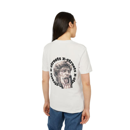 Oversized streetwear t-shirt by x-streets with “David” design – renaissance art remix with street edge, organic cotton, EU-made.